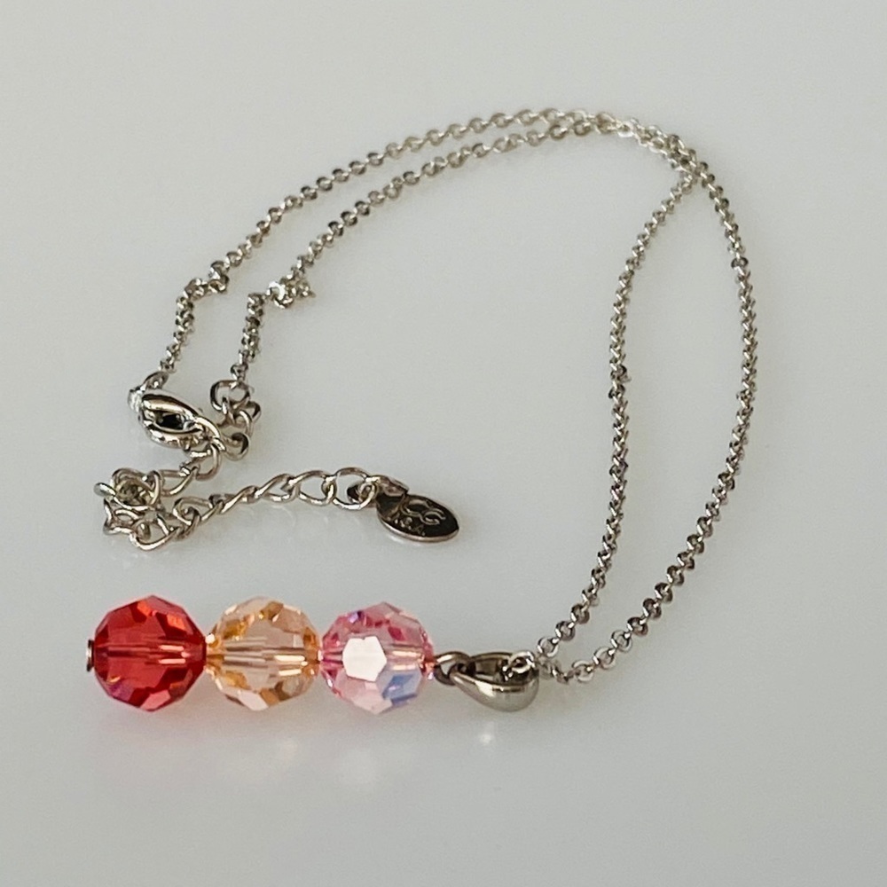 Necklace Three Crystal Beads Pendant Silver Tone
